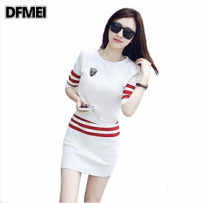 DFMEI 스트라이프 니트 투피스 원피스 여세트 스커트 봄여름룩 패션 숏스커트 힙스커트 기질 가을