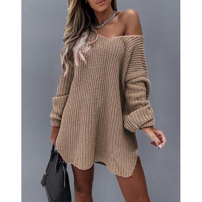 스웨터 데일리 긴 소매 슬릿 라운드 넥 캐주얼 풀오버 솔리드 컬러 니트