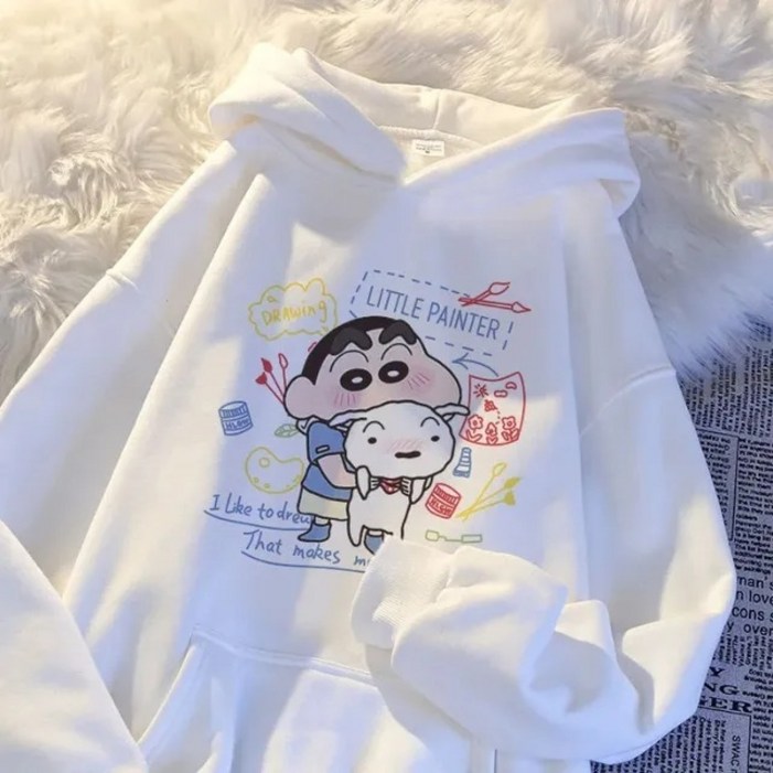 S3XL 짱구 흰둥이 프린트 후드 우정 커플 맨투맨 캐주얼 탑 레트로 빈티지