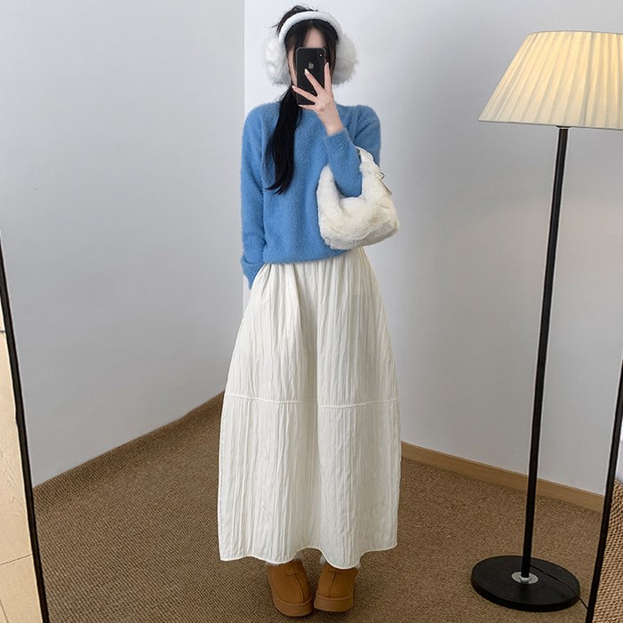 봄가을용 핏 예쁜 여성 사계절 롱 플레어 스커트 신축성 하이웨이스트 에이라인 플레어 스커트 미디기장 A라인 주름 루즈핏 플리츠 롱 스커트