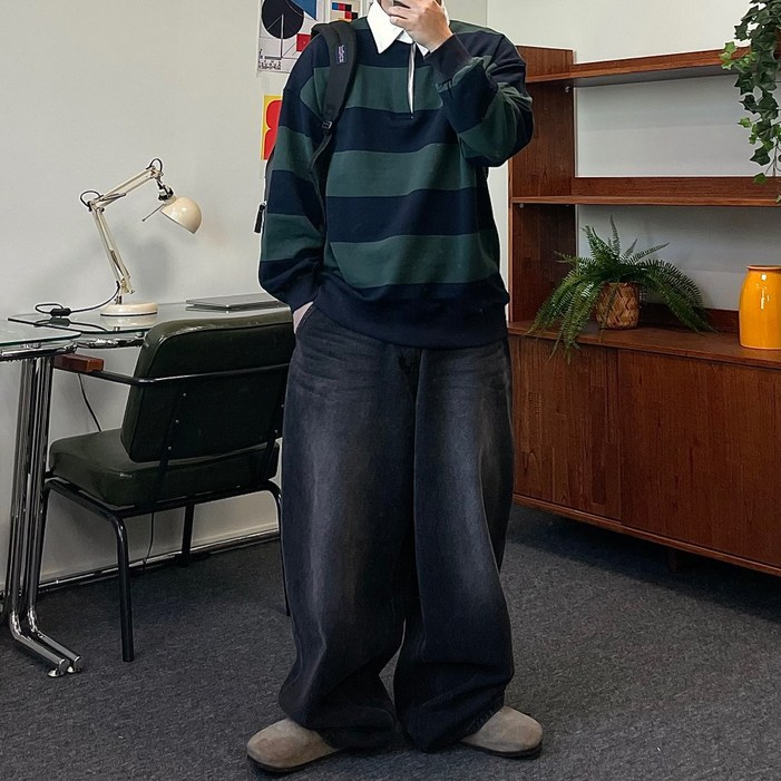 르위 오버핏 단가라 카라 맨투맨 빅사이즈 럭비 티셔츠 남녀공용