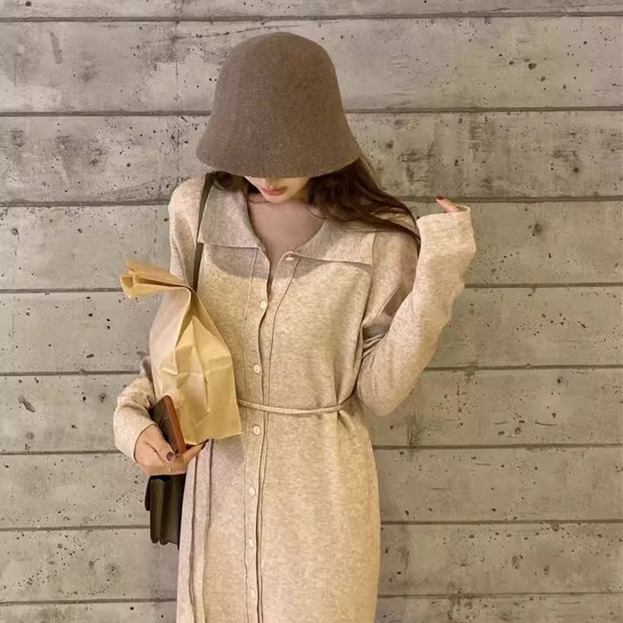 KDNC 여성 니트 헐렁한 무릎 아래 긴 스타일 원피스 브이넥 단추 스타일