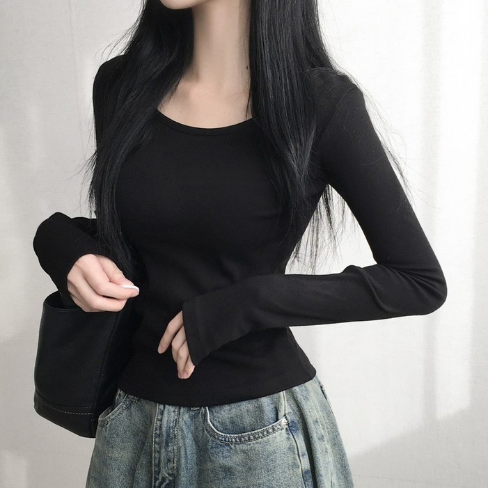 손등덮는 여리핏 코튼 유넥 기본무지 긴팔티셔츠  3color