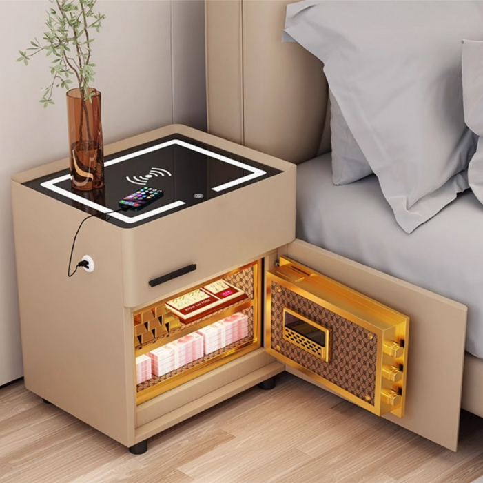 시큐베드 가정용 비밀 금고 지문인식 스마트 협탁 서랍 내화 개인 소형 미니 무선충전, 브라운