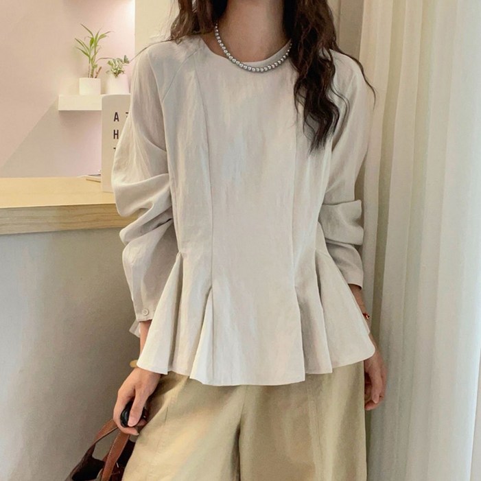 ORZQU 가을 여성 프릴 조거 상의 라운드 캐주얼 숏 블라우스