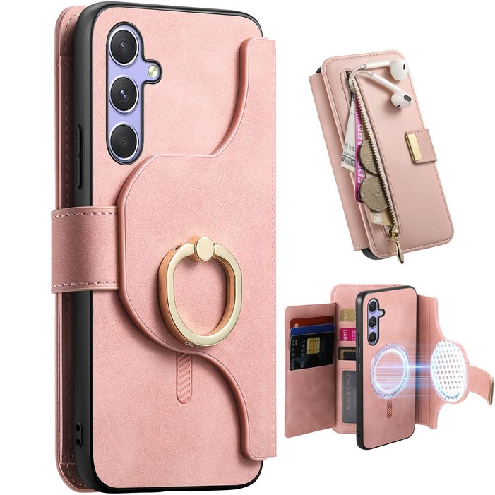 HOCE 갤럭시 S25 S24 울트라 S23 FE 골드 링 가죽 맥세이프 마그네틱 케이스 탈부착 다이어링 지갑형 지퍼 파우치 2in1 멀티케이스 A16 A55 적용