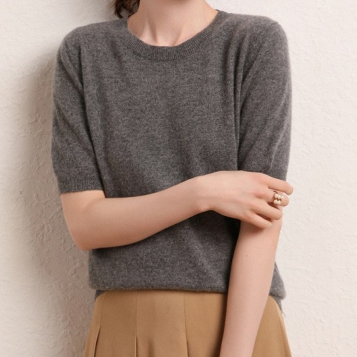 뚜라미 여성 부드러운 비스코스 니트 라운드넥 반팔 티