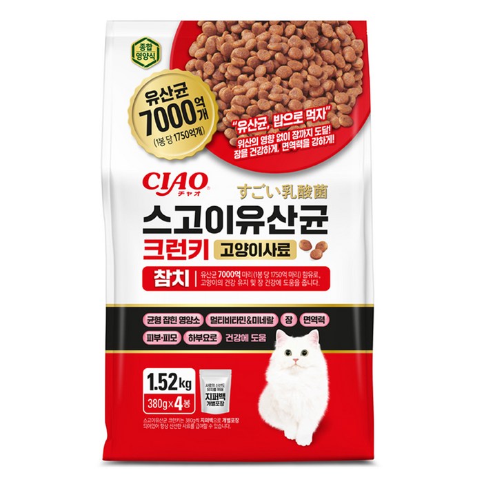 챠오 전연령 고양이 스고이 유산균 크런키 건식사료, 1520g, 1개, 참치 챠오 전연령 고양이 스고이 유산균 크런키 건식사료, 1520g, 1개, 참치