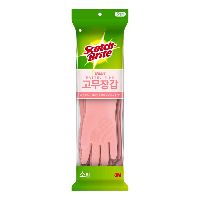스카치브라이트 베이직 고무장갑 5개입, 파스텔핑크, 소(S), 1세트