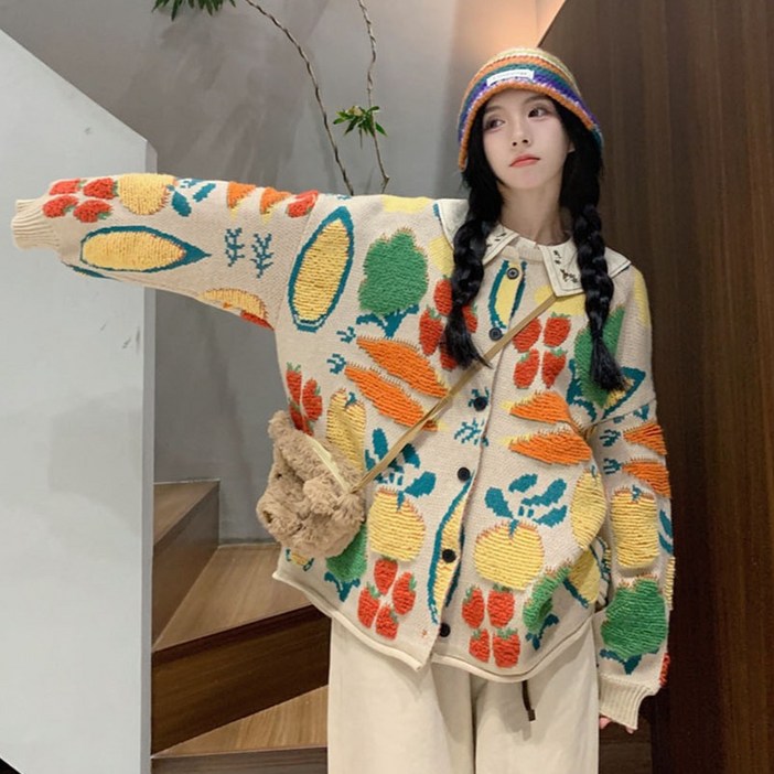 반야스토리 여성용 야채 꽃 캐주얼 기본 니트 가디건 PP100