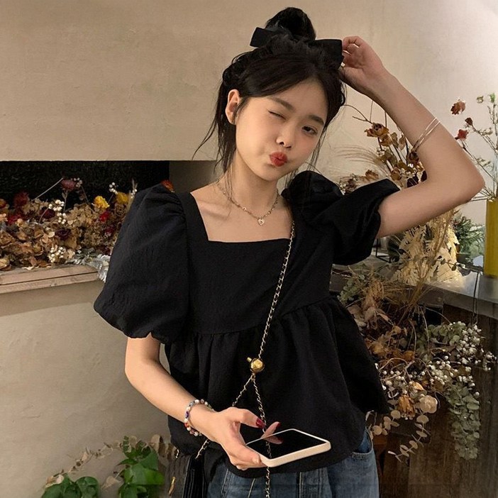 엘쏘 여성용 스퀘어넥 루즈핏 벌룬 하객룩 데이트룩 블라우스