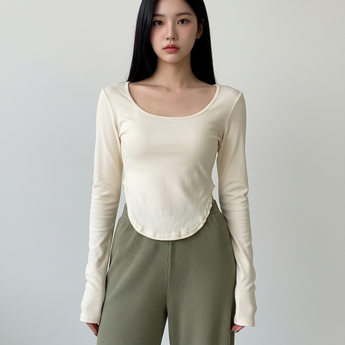 마켓피아 여성용 U넥 옆트임 크롭 긴팔 티셔츠