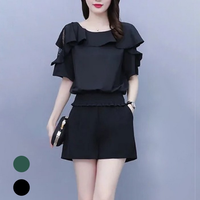 Titikong 여성 캐주얼 상하세트 반팔바지 와이드 팬츠 투피스 밴드 프릴 빅사이즈