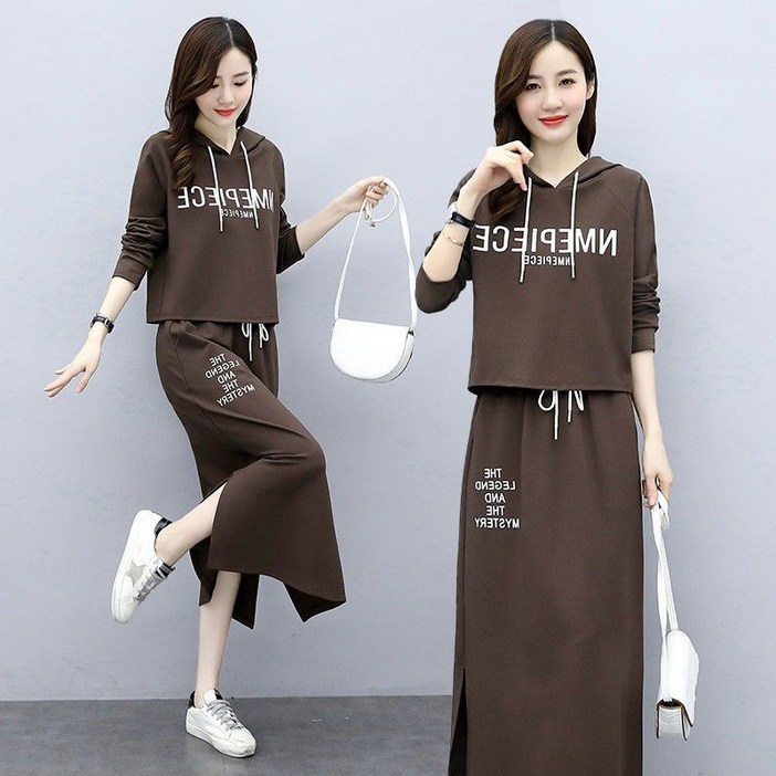 COSYEVNO 맨투맨 스커트 세트 빅사이즈 루즈핏 캐주얼 여성 봄 후드티+롱치마 투피스 tz4718