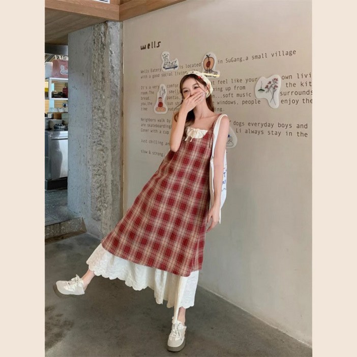 AOKADA 여성 여름 나시 민소매 레이어드 체크 레이스 바강스 휴양지 롱 원피스