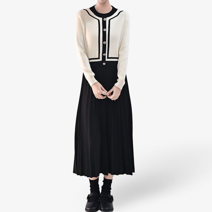 클레이스 니트 배색 플리츠 롱원피스