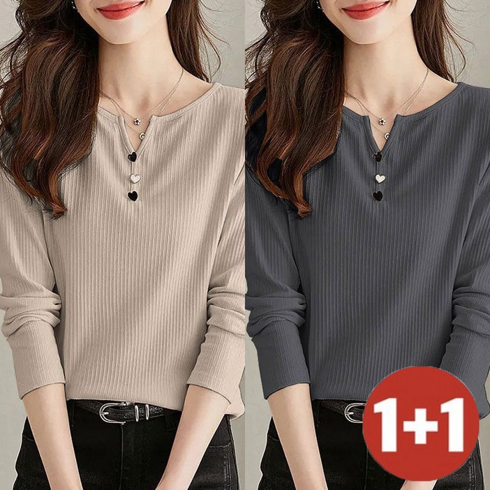 TKX 1+1 여성 가을 간절기 긴팔 티셔츠 단추 장식 브이넥 슬림핏 캐주얼 상의 K37
