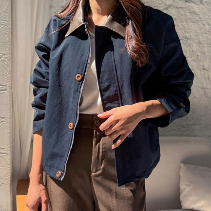 여성용 코튼 레더 배색 카라 워크 자켓 (3color)