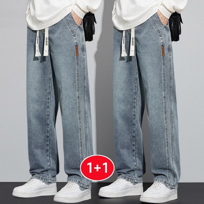 남자 스판 밴딩 와이드 청바지 데님 봄가을 트렌디 미식 레트로 세미 와이드 샌드워싱 스트레이트 뒷밴딩 데님 청바지 데일리 팬츠 빅사이즈