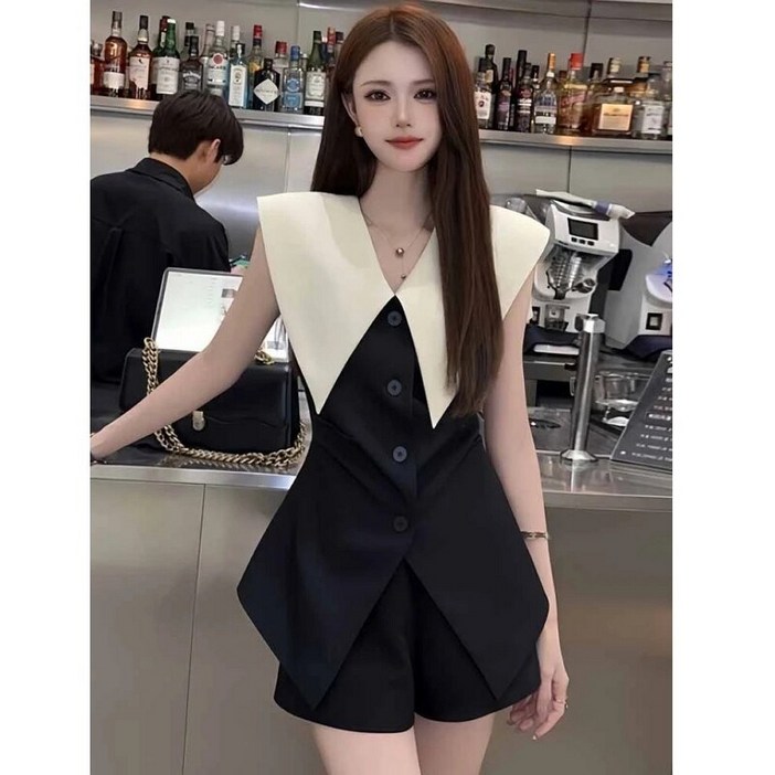 PINK LITCHI 여성 세련된 정장 여름 반팔 블라우스 반바지 오피스룩 상하세트 NU75