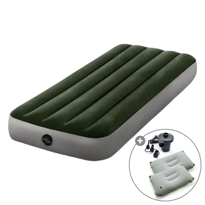캠프빌리지 차박 캠핑 두께 25cm 듀라빔 2세대 에어매트 + 펌프 + 에어베개 2개 세트, 다크그린