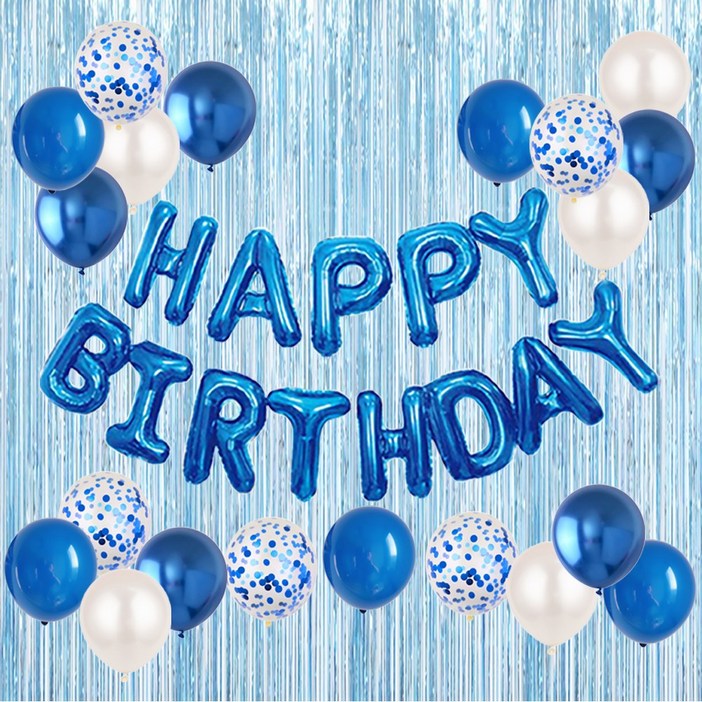 HBD 은박풍선 크롬메탈 혼합풍선세트 파티커튼 생일파티세트 에브리띵스마일 1221, 1세트, 블루 풍선 커튼