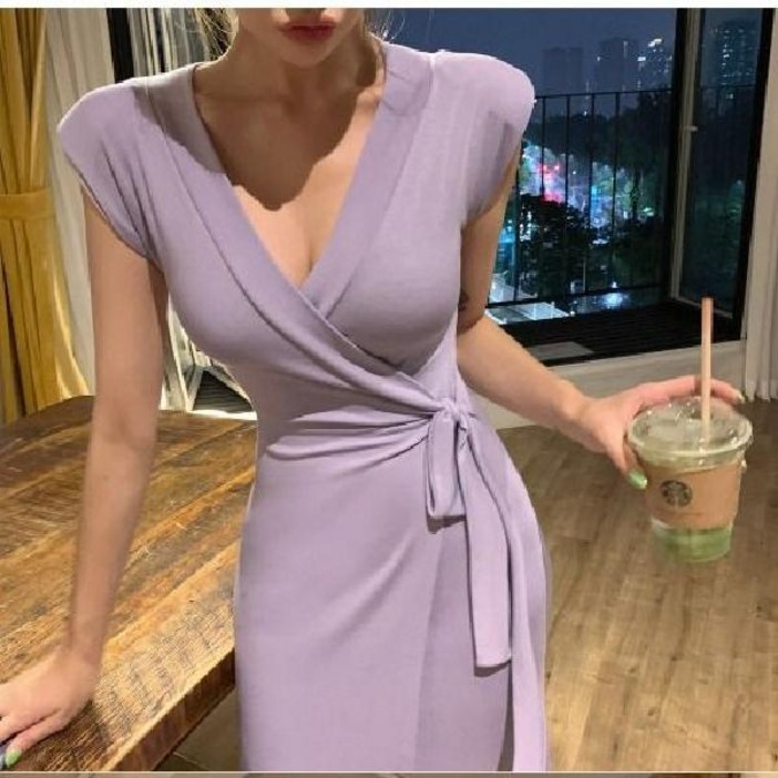 보라색 원피스 랩 롱 브이넥 가슴골 드레스 예쁜 인생샷 슬림핏 하객룩