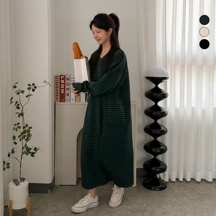 디테일웨어 여성 니트 런던 브이넥 원피스 스트라이프 간절기 빅사이즈 임부복 단정한 단가라 니트원피스