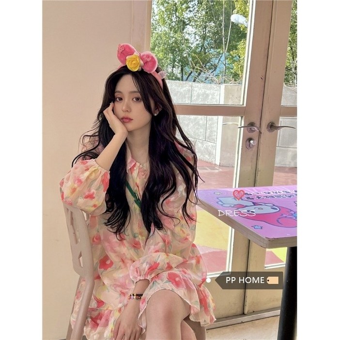 파스텔 플라워 원피스 러블리 쉬폰 미니 드레스 여름 긴팔 스커트