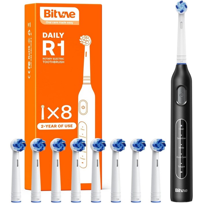 비트베이 R1 회전형 전동칫솔 진동칫솔 칫솔모8개 Bitvae Amazon베스트, 1개, 블랙, R1