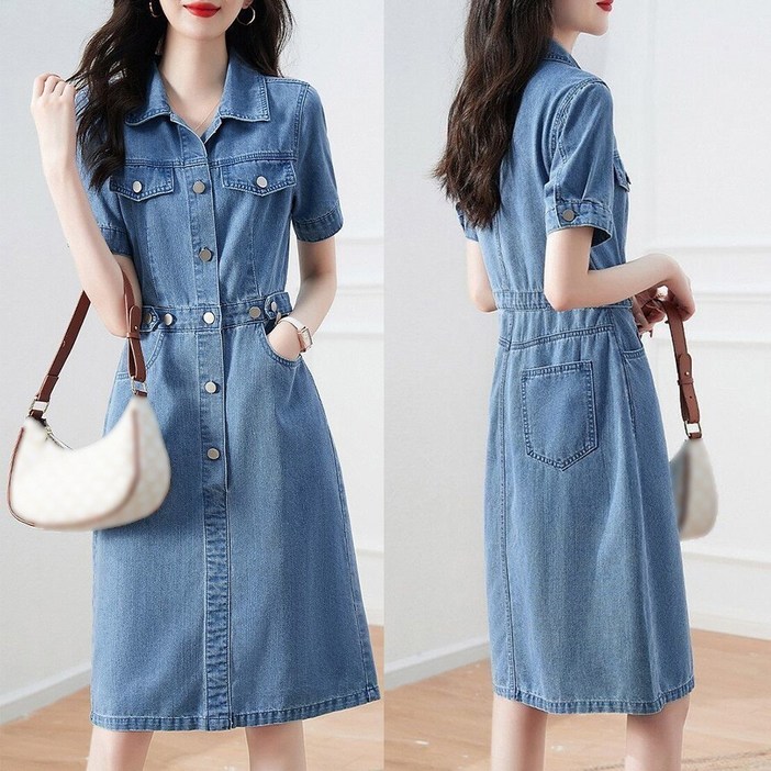 지디오 여성 반팔 데님 원피스 캐주얼 청 카라 셔츠 미디 원피스