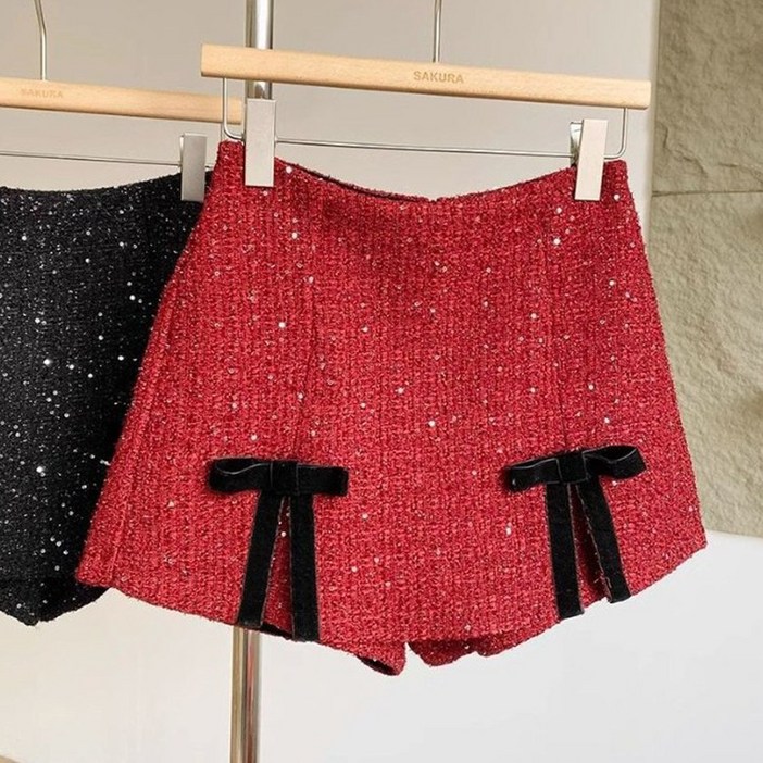 PEROLA 여성 트위드 반바지 리본 스팽글 뒷지퍼 캐주얼 가을 겨울 반바지