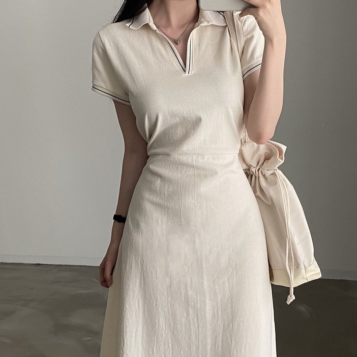 예쁨시전 체형커버 마실룩 허리 스트랩 배색 반팔 세미 롱 원피스