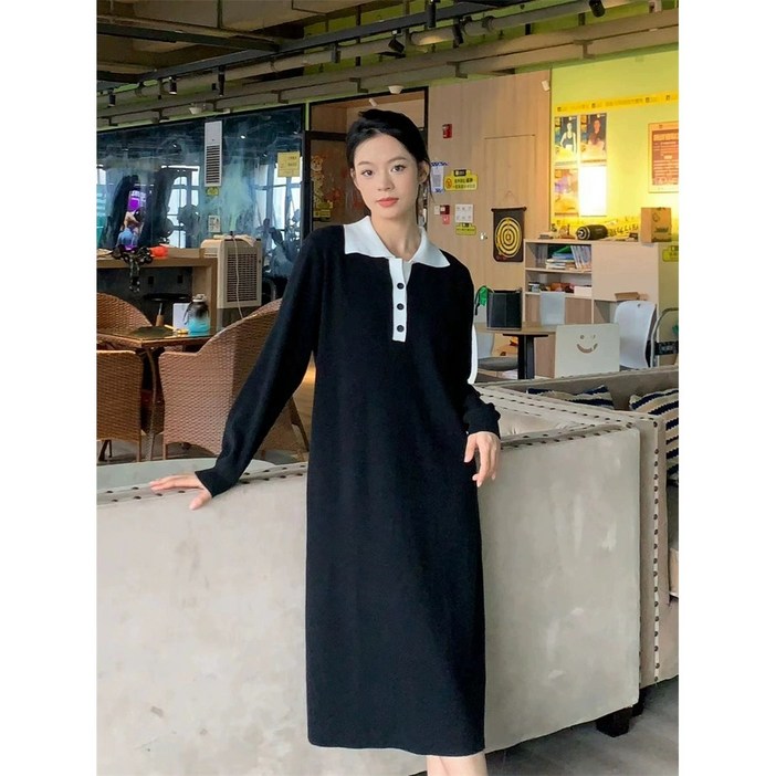 [탄탄/강추] 카라 배색 니트 롱 원피스