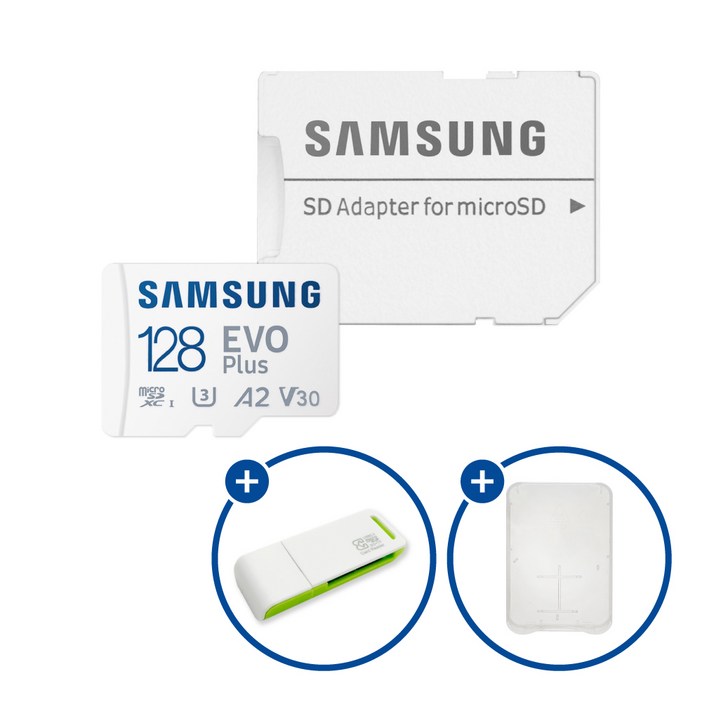 삼성전자 공식인증 정품 마이크로SD카드 EVO PLUS MBMC128SAKR  SD카드 케이스 및 이엘 연두 카드 리더기 USB2.0 2in1