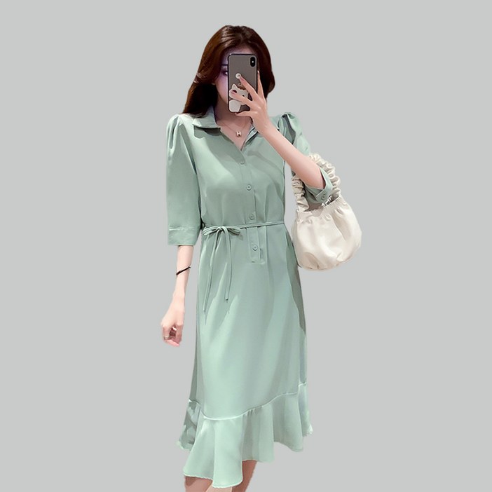 POMTOR 여름 우아한 카라넥 프렌치 반팔 원피스 POMTOR 여름 우아한 카라넥 프렌치 반팔 원피스