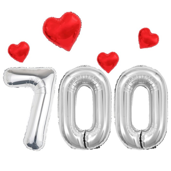 해피제이니 실버 특별한 기념일 이벤트 초대형 숫자풍선 하트 호일풍선 파티용품 세트, 1세트, 실버 700