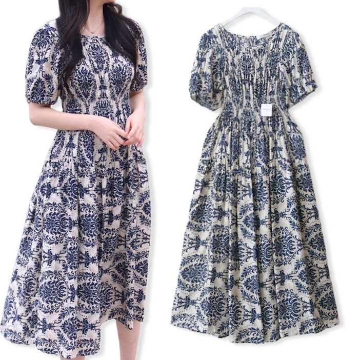 메리앤유 스모크셔링 보태닉패턴 플레어원피스