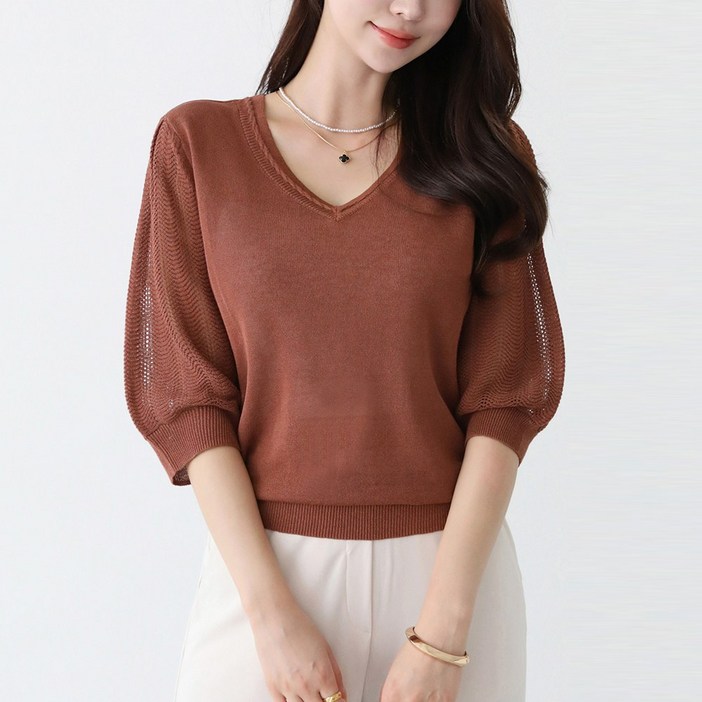 브이넥 브라운 아마면 썸머 니트 112358