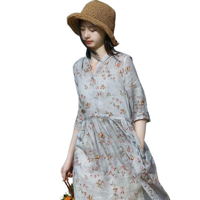 티류으스 중년 여성 에스닉 7부소매 잔꽃 셔츠원피스 아사면 시원한 여름 휴양지룩 데님 원피스 H070745