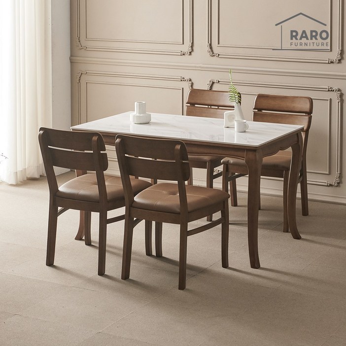 라로퍼니처 프렌치 1300 유광 포세린 통 세라믹 4인 고무나무 원목 식탁 세트 식탁의자4, 화이트  월넛  브라운