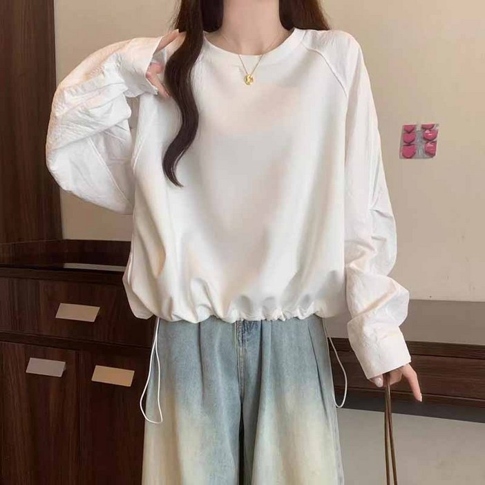 AOKADA 여성 봄 가을 오버핏 플리츠 라운드 무지 맨투맨 티셔츠 상의