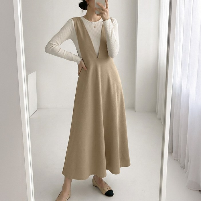 데일리앤 레딘 딥 브이넥 멜빵 플레어 뷔스티에 롱 원피스 봄 하객룩