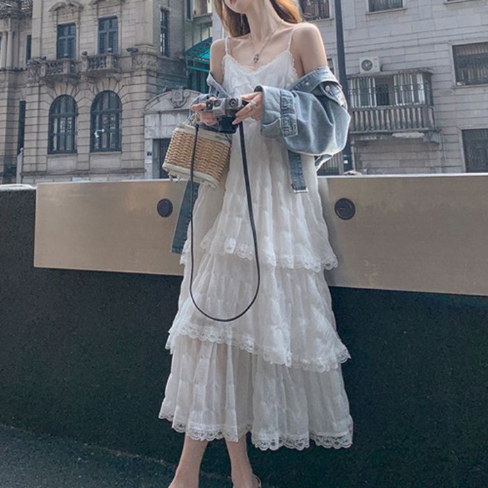 루비루 RB3040 여성 레이스 끈나시  캉캉 롱 원피스