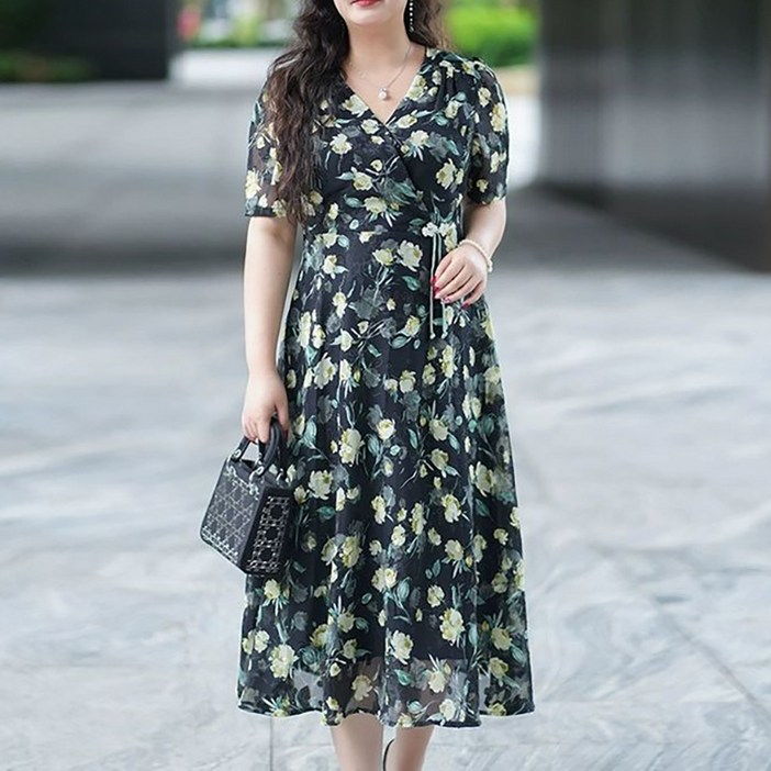 여성 여름 빈티지 브이넥 플라워 프린트 허리 여밈 원피스 롱 스커트 임부복