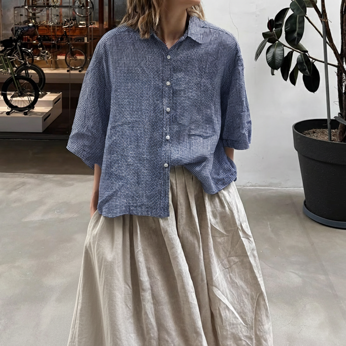 퀸앤조이 여성 여름 빅사이즈 린넨 100 블라우스 린넨의 계절 미오제 뒷버튼 잔체크 셔츠