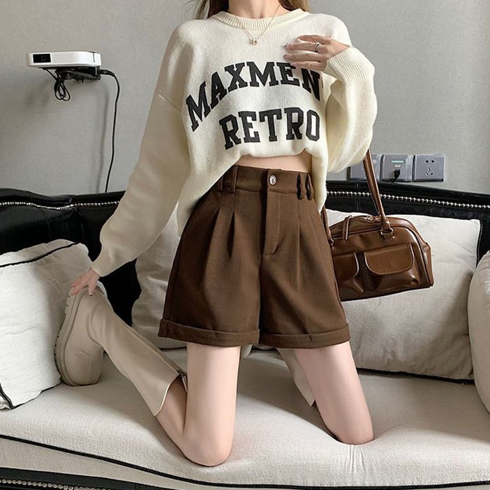 Skyciky 브라운 두꺼운 가을 반바지 여성 신상 슬림핏 정장 스타일 와이드 부츠컷 롤업 캐주얼 팬츠 MM2284