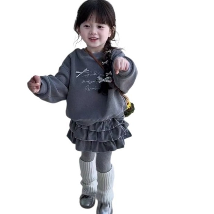 해피팡팡   가을 겨울 리본긴팔티셔츠  캉캉스커트 2종세트 리리코 프릴 스커트세트 여아 초중생 투피스 촬영룩 스쿨룩  상하세트 크리스마스 연말 선물 원피스 여아 투피스 세트