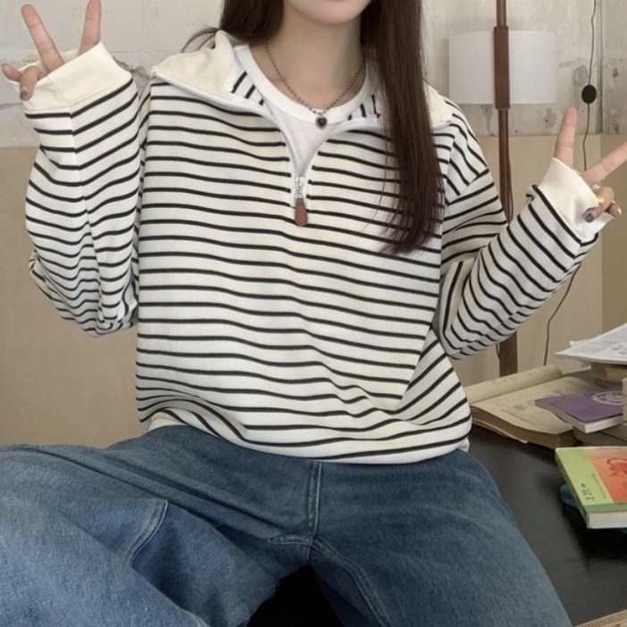 아이엠몽 여성용 에이몽 스트라이프 반집업 긴팔 맨투맨