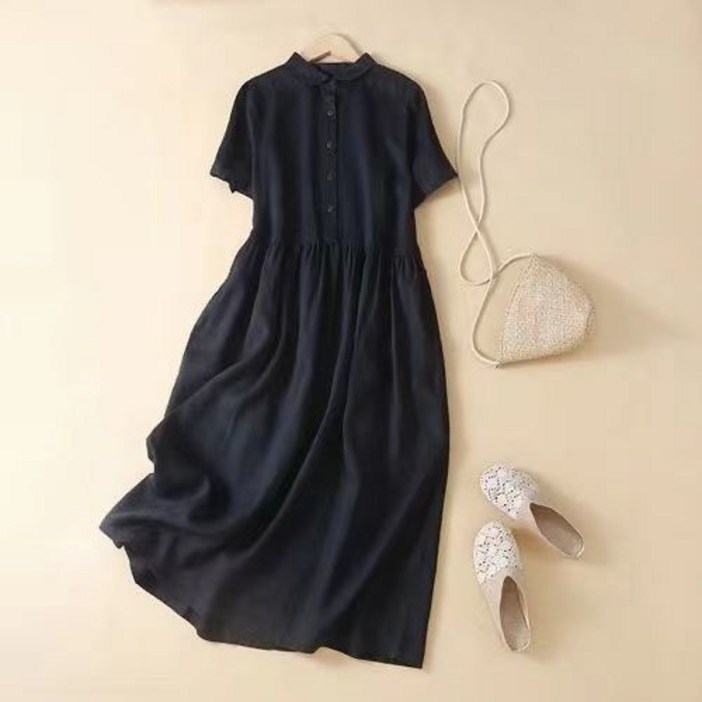 COBOTOR 여성 린넨 원피스 오버핏 a라인 캐주얼 여자 봄 여름 가을 반팔 롱원피스 신상 linen dress women XK0128